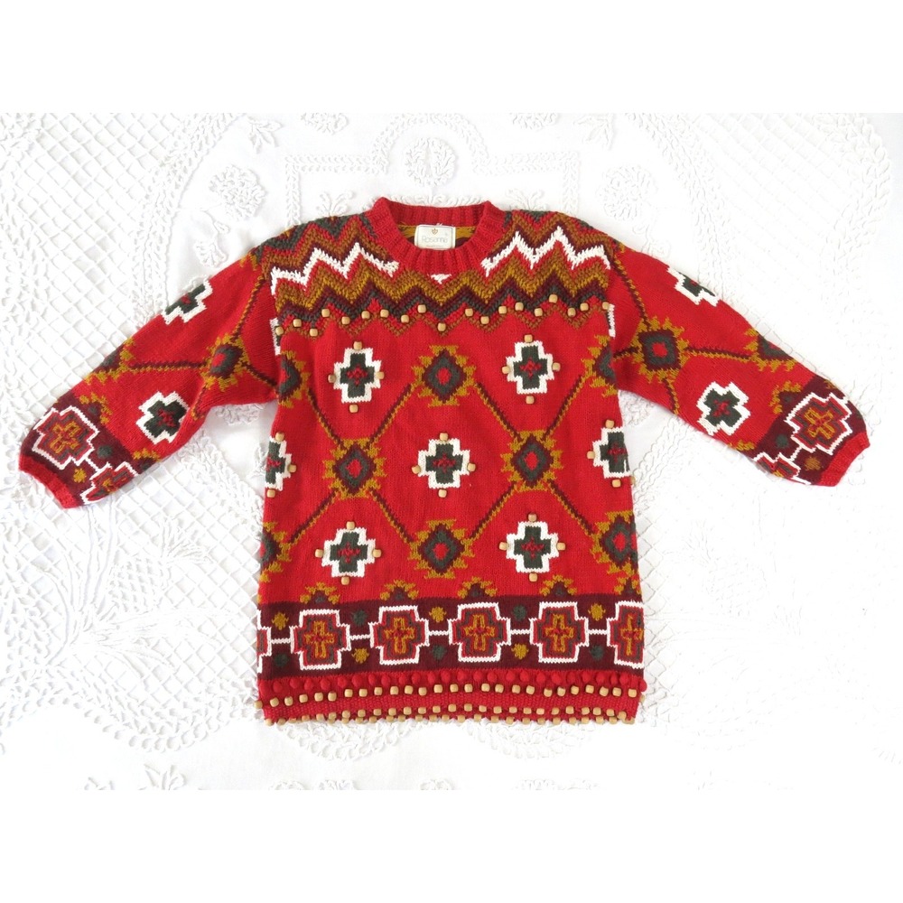 Vintage 90s Rosanna Medium Hand Knit Aztec Southwestern Beaded Tunic Sweater